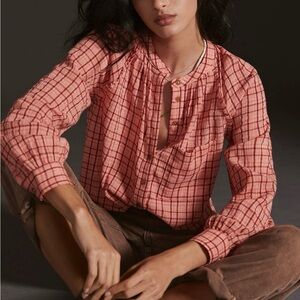 Anthropologie Pilcro Plaid Shirt women's size 1X coral button front long sleeve